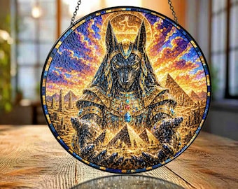 Personalized Anubis Stained Glass Suncatcher, Custom Name Egyptian Mythology Window Decor