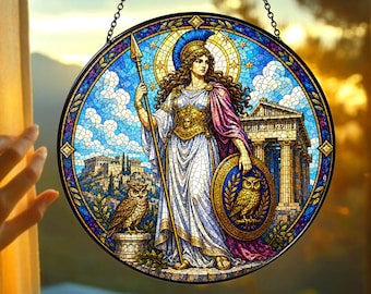Custom Name Athena Suncatcher, Greek Goddess Stained Glass Decor, Personalized Window Ornament