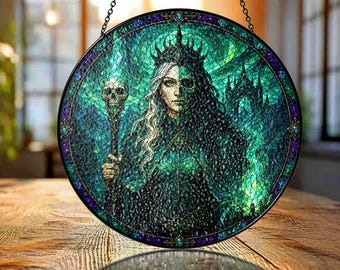 Atrapasueños de vidrieras vikingas de Hel, adorno para ventana con nombre personalizado, decoración de la diosa del inframundo nórdico