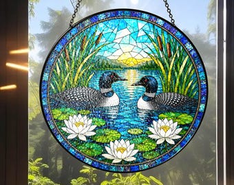 Atrapasueños de vitrales con pareja de colimbos, colgante de ventana con aves silvestres, arte de pared Nature Lodge, regalo para el Día de la Madre