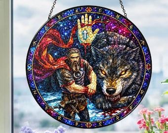 Atrapasueños de vidrieras vikingas Tyr, adorno para ventana con nombre personalizado, decoración de dios guerrero nórdico, regalo personalizado