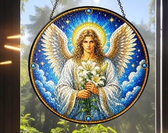 Archangel Gabriel Stained Glass Window Hanging, Custom Name Suncatcher, Divine Messenger Decor