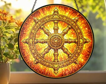 Custom Name Dharma Wheel Stained Glass Suncatcher, Personalized Dharmachakra Window Hanging, Buddhist Spiritual Decor Gift