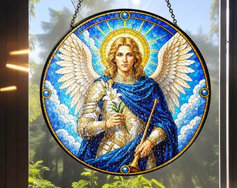 Personalized Archangel Gabriel Stained Glass Suncatcher, Custom Name Angel Window Decor