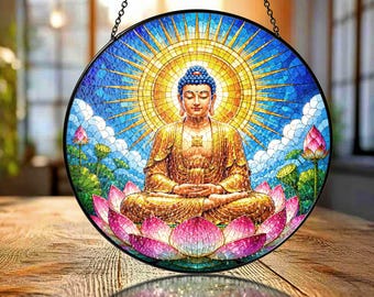 Buddha Lotus Mandala Suncatcher, Custom Name Stained Glass Hanging, Personalized Buddhist Decor, Meditation Room Ornament Gift