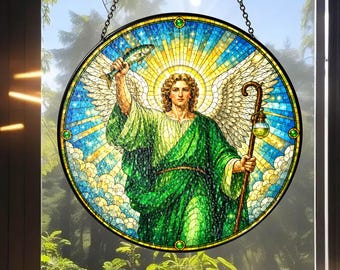 Personalized Archangel Raphael Stained Glass Suncatcher, Custom Name Healing Angel Window Decor