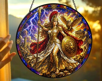 Atrapasueños personalizado con el nombre Atenea, decoración de vidrieras de la diosa griega, adorno personalizado para ventana.