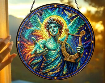 Atrapasueños de vidrieras de Apolo personalizado, decoración de ventana con nombre personalizado, regalo de mitología griega