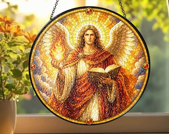 Archangel Uriel Stained Glass Suncatcher with Custom Name, Angel Window Hanging, Personalized Spiritual Decor