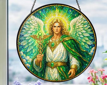 Archangel Raphael Stained Glass Suncatcher with Custom Name, Angel Window Hanging, Personalized Spiritual Decor