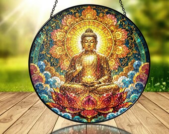 Custom Buddha Lotus Suncatcher, Personalized Stained Glass Window Panel, Spiritual Sun Catcher, Buddhist Decor, Zen Meditation Gift