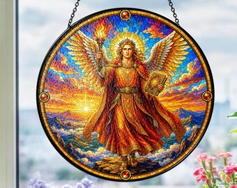 Personalized Archangel Uriel Stained Glass Suncatcher, Custom Name Angel Window Decor