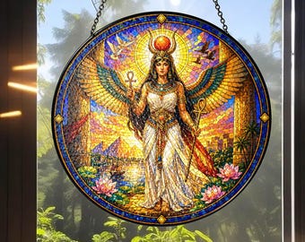 Atrapasueños de vidrieras de Isis con nombre personalizado, adorno para ventana de la diosa egipcia, decoración mitológica personalizada