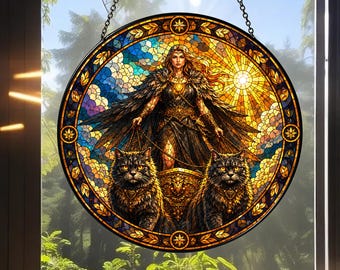 Freya Stained Glass Suncatcher, Norse Goddess Stained Glass Art, Custom Name Pagan Decor, Divine Feminine Window Hanging Gift