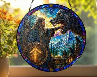 Atrapasueños de vidrieras Tyr personalizado, decoración de ventana de mitología nórdica, atrapasueños vikingo con nombre personalizado