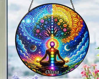 Custom Name Chakra Tree of Life Suncatcher, Personalized Stained Glass Window Hanging, Yoga Meditation Decor, Spiritual Gift