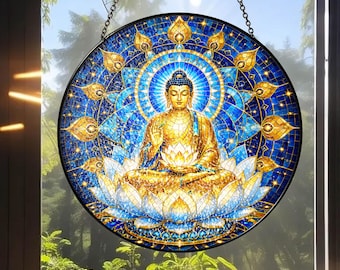 Buddha on Lotus Suncatcher, Personalized Stained Glass Window Hanging, Custom Name Buddhist Decor, Spiritual Home Gift, Meditation Art