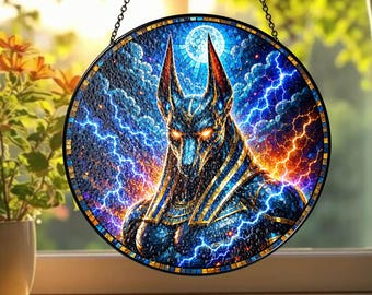 Anubis Stained Glass Window Hanging, Custom Name Suncatcher, Egyptian Afterlife God Decor