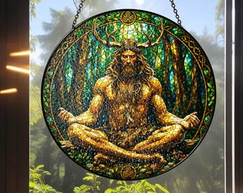 Cernunnos Stained Glass Window Hanging, Custom Name Suncatcher, Horned God Decor