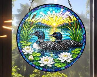 Atrapasueños de vidrieras con diseño de pareja de somormujos, decoración colgante para ventana con aves silvestres, arte de pared para cabaña de naturaleza, regalo para el Día de la Madre