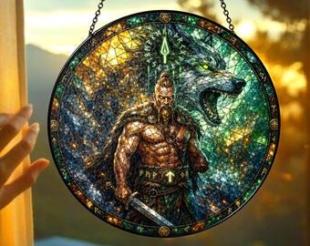 Atrapasueños de vidrieras Tyr con nombre personalizado, adorno para ventana del dios nórdico, decoración vikinga para el hogar, regalo personalizado