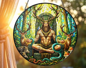 Personalized Cernunnos Stained Glass Suncatcher, Custom Name Celtic Mythology Window Decor
