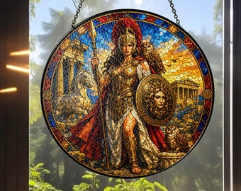 Atrapasueños de vidrieras de Atenea con nombre personalizado, adorno para ventana de la diosa griega, decoración mitológica personalizada.