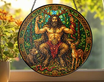Cernunnos Stained Glass Suncatcher with Custom Name, Celtic God Window Hanging, Personalized Mythology Decor