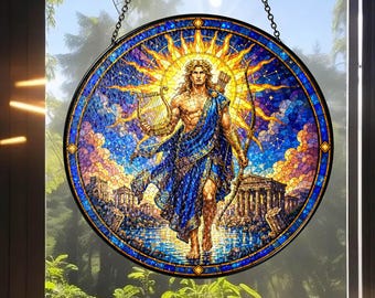 Apollo Stained Glass Suncatcher with Custom Name, Greek God Window Hanging, Personalized Mythology Decor