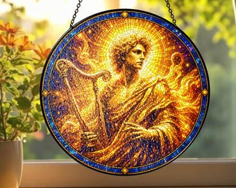 Adorno colgante de vidriera de Apolo, atrapasol con nombre personalizado, decoración del dios griego del sol.