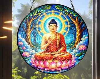 Custom Name Buddha Sun Catcher, Blue Lotus Stained Glass Suncatcher, Personalized Buddhist Window Decor, Meditation Gift, Zen Art