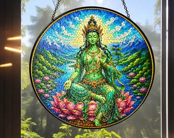 Custom Name Green Tara Stained Glass Suncatcher, Personalized Lotus Window Hanging, Spiritual Meditation Decor, Buddhist Gift
