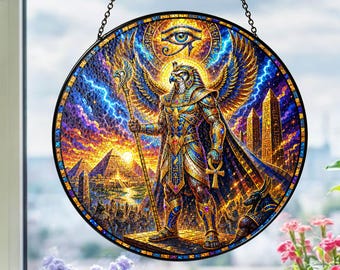 Horus Stained Glass Suncatcher with Custom Name, Egyptian God Window Hanging, Personalized Mythology Decor
