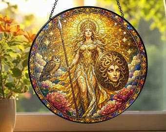 Atrapasueños de vidrieras de Atenea personalizado, decoración de ventana con nombre personalizado, regalo de mitología griega
