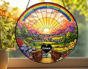 Personalized Memorial Stained Glass Suncatcher Sympathy Rainbow Bridge Gift, Loss Of Mom Ornament, Dad Remembrance Family Gifts