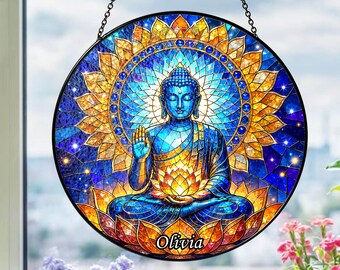 Custom Name Buddha Stained Glass Suncatcher, Lotus Mandala Window Hanging, Personalized Buddhist Sun Catcher, Spiritual Meditation Decor