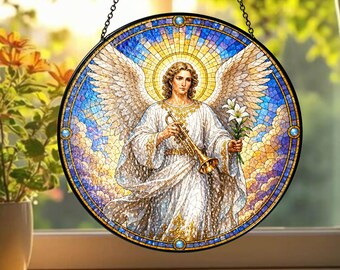 Archangel Gabriel Stained Glass Suncatcher with Custom Name, Angel Window Hanging, Personalized Spiritual Decor