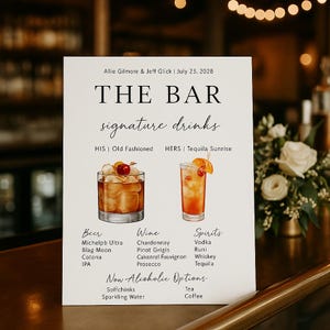 Custom Wedding Bar Sign Printable – Signature Drinks Menu, Editable Cocktail Sign, Personalized Reception Decor, Instant Download