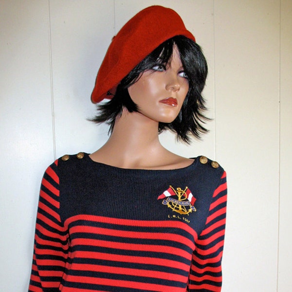 RALPH LAUREN Deadstock Early 90s  Boho Hipster  Steampunk  French Sailor Stripped Red and Navy Bracelet Sleeve Cotton Sweater Size M