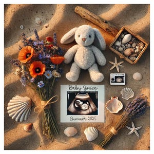 May include: A white framed ultrasound picture with the text "Baby Jones Summer 2023" surrounded by seashells, lavender, and a stuffed bunny on a sandy background.