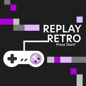 May include: A graphic design on a black background features the words "REPLAY RETRO" in white, with "Press Start!" below. A white game controller is connected to the text, with purple and gray pixelated elements.
