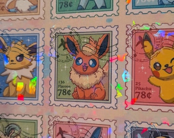 Op de afbeelding: Vel kleurrijke postzegels met verschillende stripfiguren. Elke postzegel heeft een uniek ontwerp, waaronder Glaceon, Flareon en Pikachu. De postzegels zijn rechthoekig met afgeronde hoeken en bevatten de prijs van 78¢.