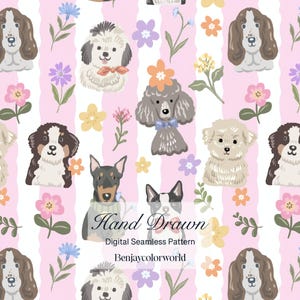 May include: A seamless digital pattern featuring various dog breeds and colorful flowers on a background of vertical pink and white stripes. The text Hand Drawn Digital Seamless Pattern Benjaycolorworld is overlaid in the center of the image.