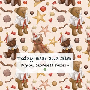 May include: Digital seamless pattern featuring brown teddy bears wearing party hats and white ruffled collars, interspersed with gold stars, red confetti, and brown swirls on a light beige background. The text "Teddy Bear and Star Digital Seamless Pattern" is displayed.