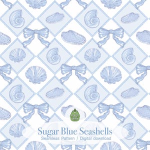 May include: A seamless pattern featuring light blue seashells, bows, and diamond shapes on a white background. The text "Sugar Blue Seashells" is displayed at the bottom. This design is suitable for digital downloads.