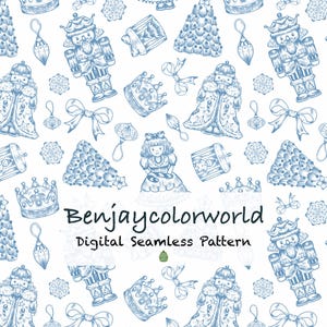 May include: Digital seamless pattern featuring blue line art illustrations of Christmas ornaments, nutcrackers, crowns, and dolls on a white background. The text "Benjaycolorworld" and "Digital Seamless Pattern" are also present.