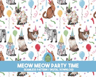 Cat Party Seamless Pattern: Playful Birthday Design (Digital Download, PNG, JPG