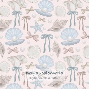 May include: Digital seamless pattern featuring seashells, pearls, bows, and starfish in soft pastel colors. The design includes various shell types, each with intricate details, and is set against a light pink background.