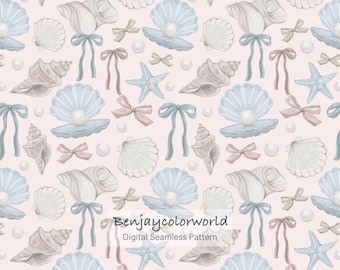 Coquette Coastal Seamless Pattern, Shells, Pearls, Bows (Digital Files)