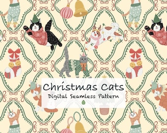 Diseño sin costuras de gatos navideños, papel digital vintage para fiestas (PNG, JPG)